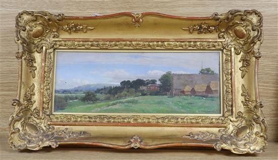 Alfred William Parsons (1847-1920), River landscape with farm buildings and hayricks signed, oil on board, 12 x 31cm